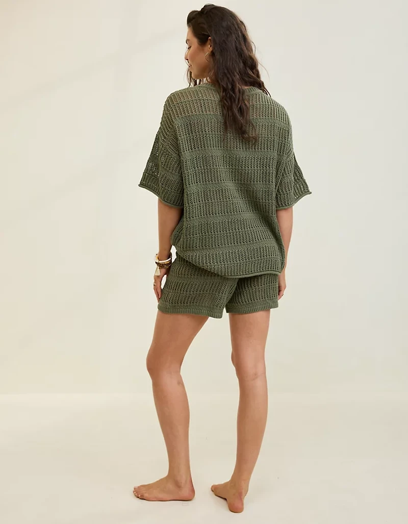 Aerie Crochet Oversized Short Sleeve Sweater