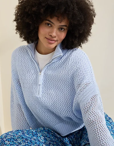 Aerie Crochet Quarter Zip Sweater