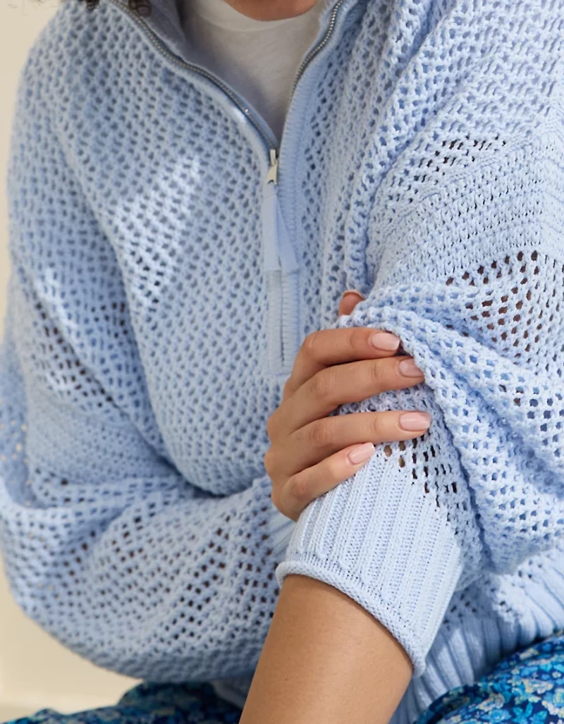 Aerie Crochet Quarter Zip Sweater