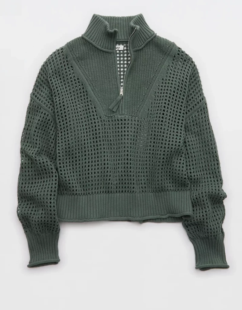 Aerie Crochet Quarter Zip Sweater