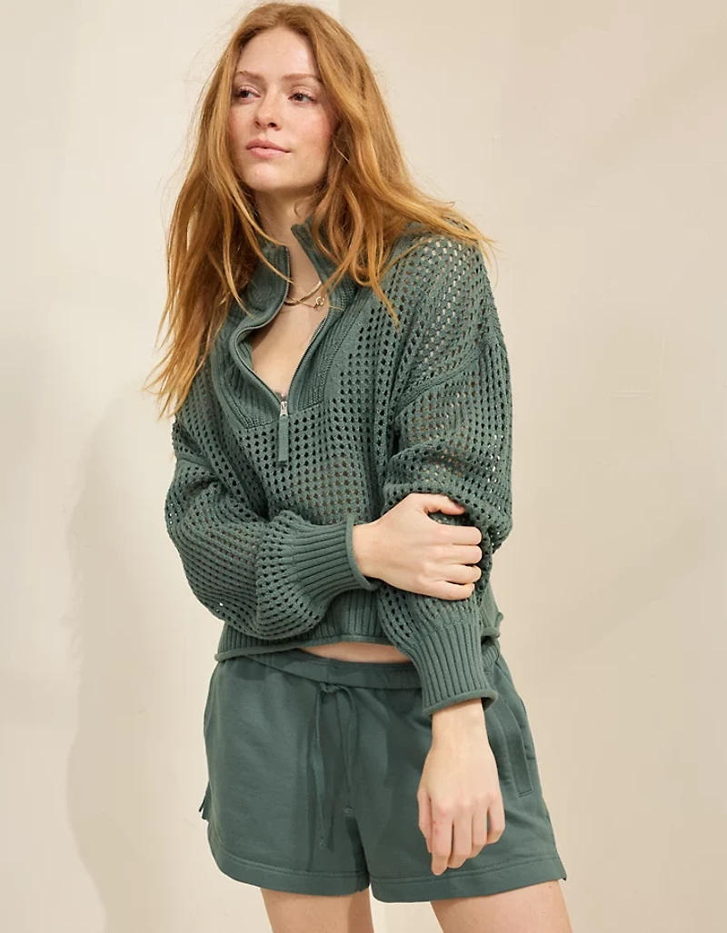 Aerie Crochet Quarter Zip Sweater