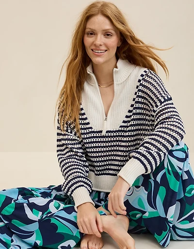 Aerie Crochet Quarter Zip Sweater