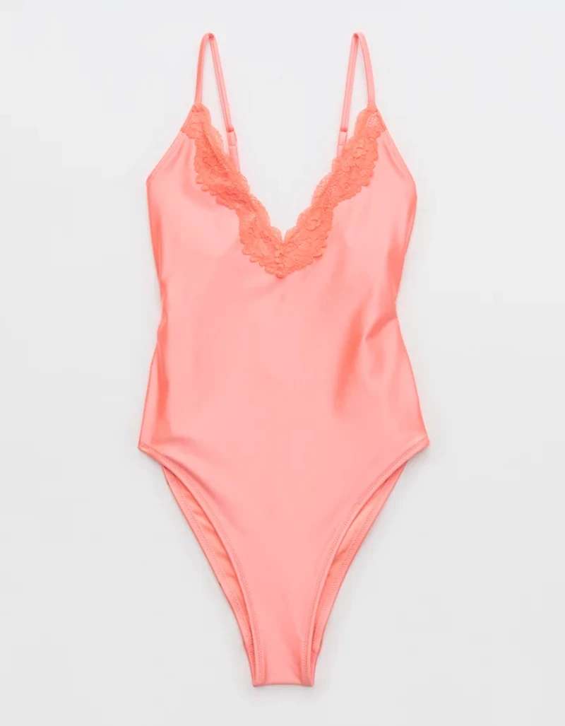 Aerie Shine Lace Plunge One Piece Swimsuit