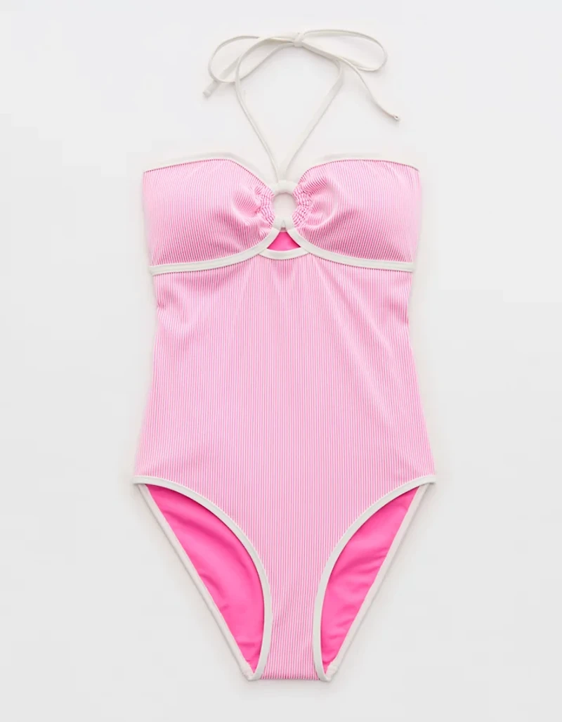 Aerie Ribbed Bandeau Halter One Piece Swimsuit