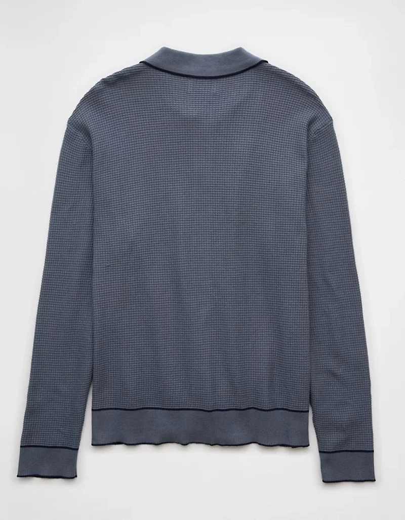 AE Long-Sleeve Tipped Waffle Sweater Polo Shirt