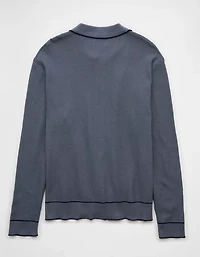 AE Long-Sleeve Tipped Waffle Sweater Polo Shirt