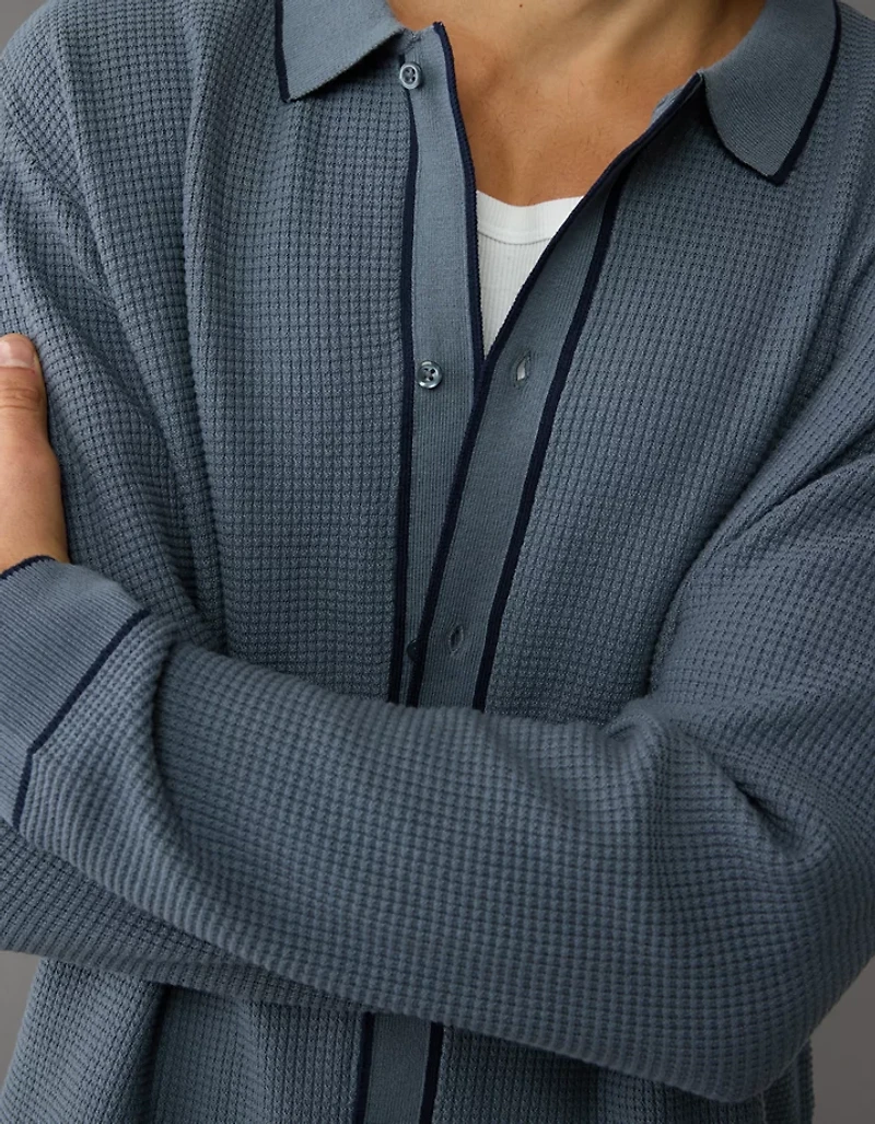 AE Long-Sleeve Tipped Waffle Sweater Polo Shirt
