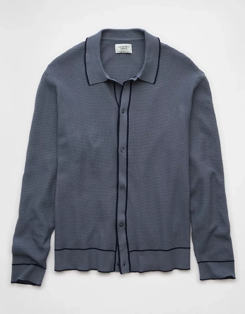 AE Long-Sleeve Tipped Waffle Sweater Polo Shirt