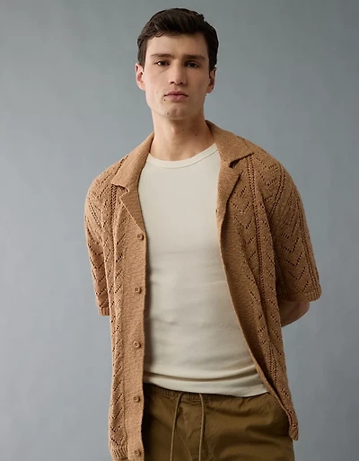 AE Weekend Pointelle Button-Up Sweater Polo Shirt