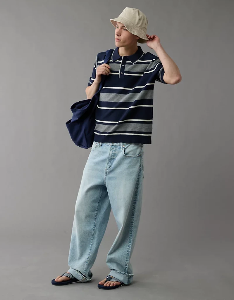 AE Weekend Jersey Striped Sweater Polo Shirt