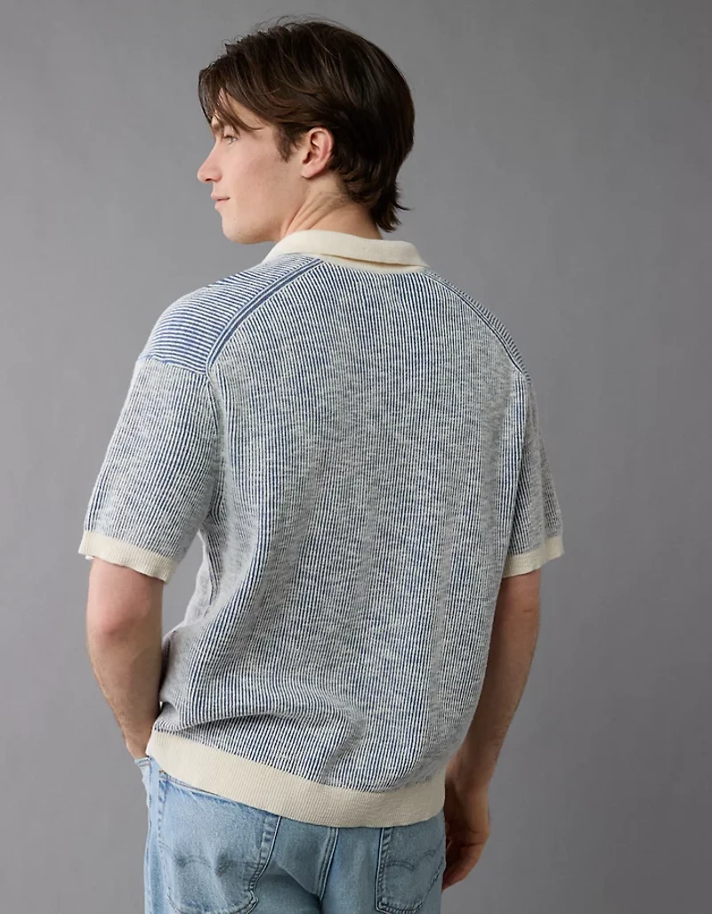 AE Weekend Striped Button-Up Sweater Polo Shirt