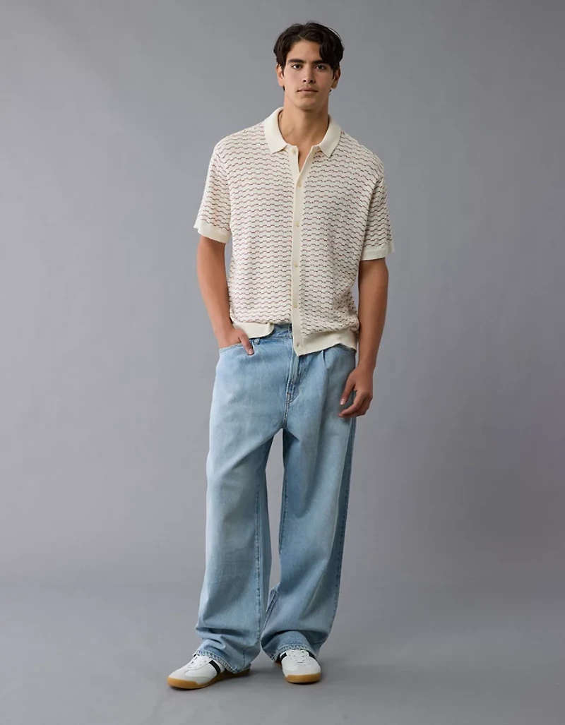 AE Weekend Striped Button-Up Sweater Polo Shirt