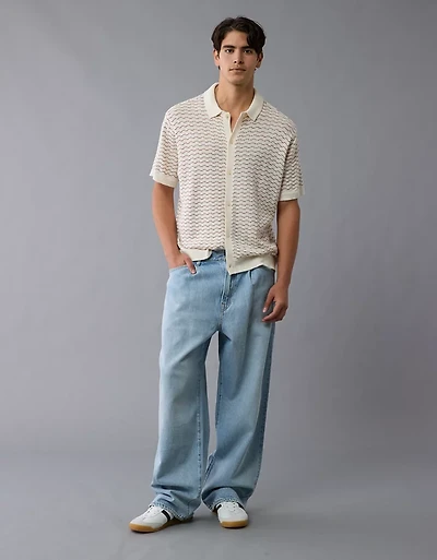 AE Weekend Striped Button-Up Sweater Polo Shirt