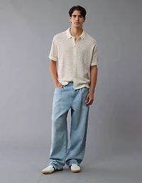 AE Weekend Striped Button-Up Sweater Polo Shirt