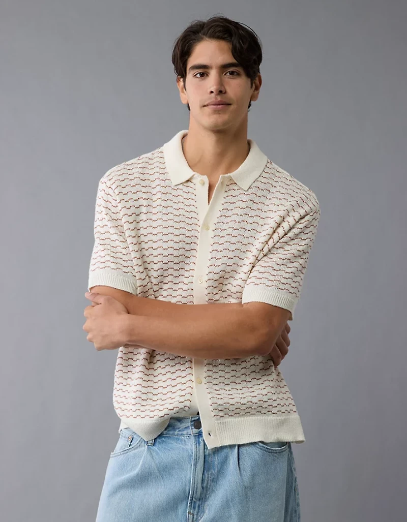 AE Weekend Striped Button-Up Sweater Polo Shirt