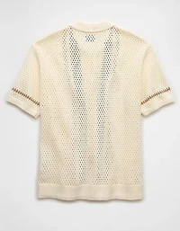 AE Weekend Crochet Button-Up Sweater Polo Shirt