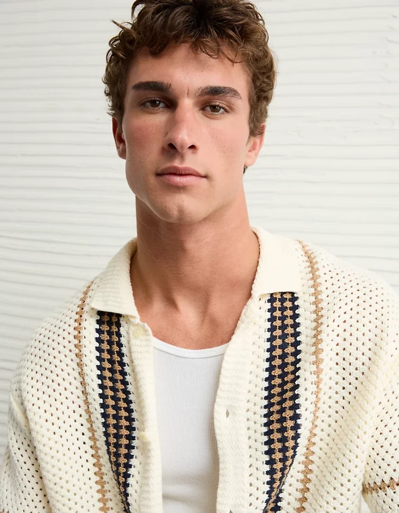 AE Weekend Crochet Button-Up Sweater Polo Shirt