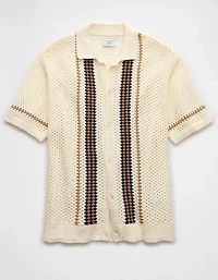 AE Weekend Crochet Button-Up Sweater Polo Shirt