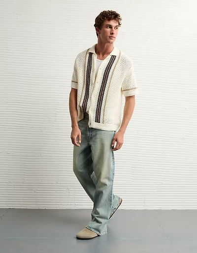 AE Weekend Crochet Button-Up Sweater Polo Shirt