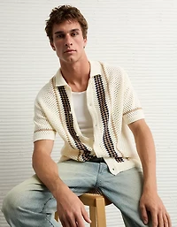 AE Weekend Crochet Button-Up Sweater Polo Shirt