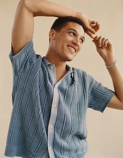 AE Weekend Washed Button-Up Sweater Polo Shirt