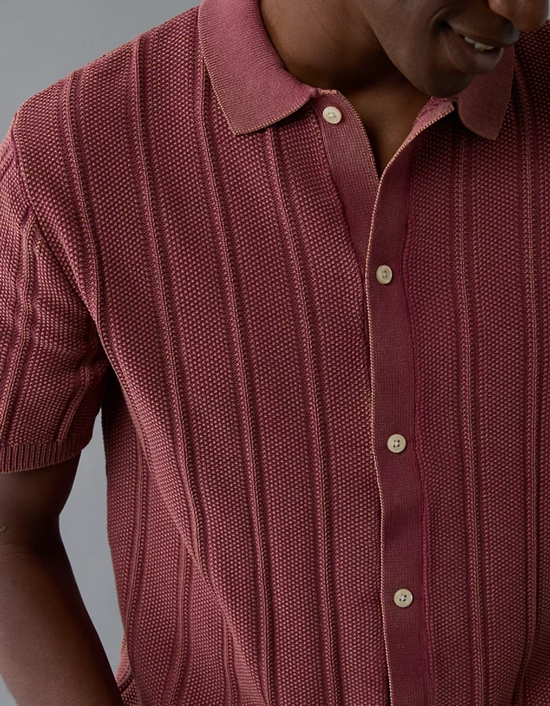 AE Weekend Washed Button-Up Sweater Polo Shirt