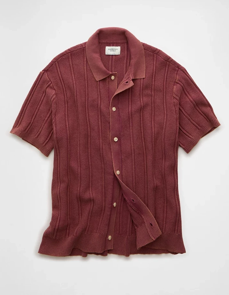 AE Weekend Washed Button-Up Sweater Polo Shirt