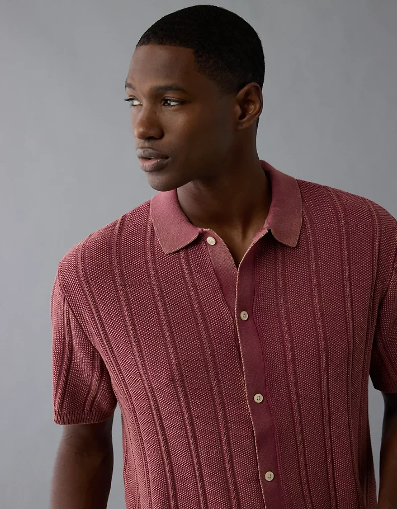 AE Weekend Washed Button-Up Sweater Polo Shirt