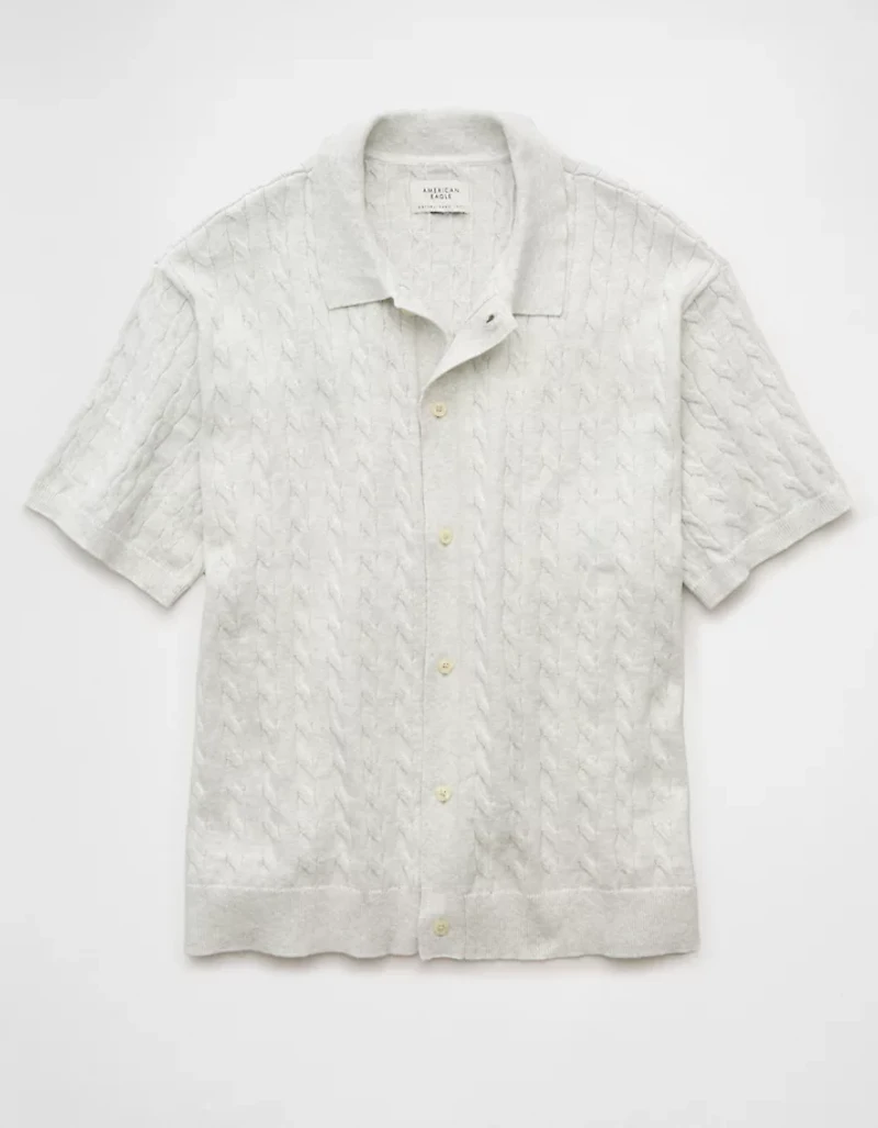 AE Weekend Cable Knit Button-Up Sweater Polo Shirt