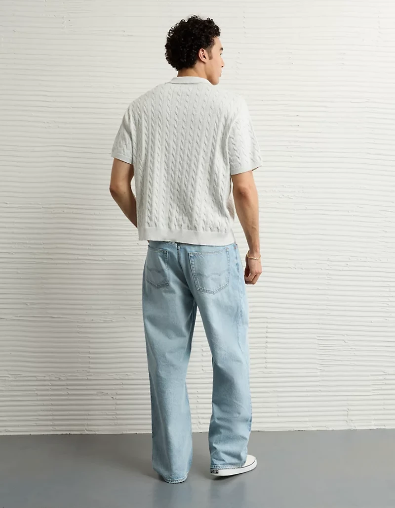 AE Weekend Cable Knit Button-Up Sweater Polo Shirt