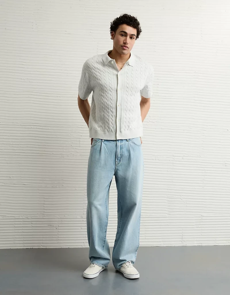 AE Weekend Cable Knit Button-Up Sweater Polo Shirt