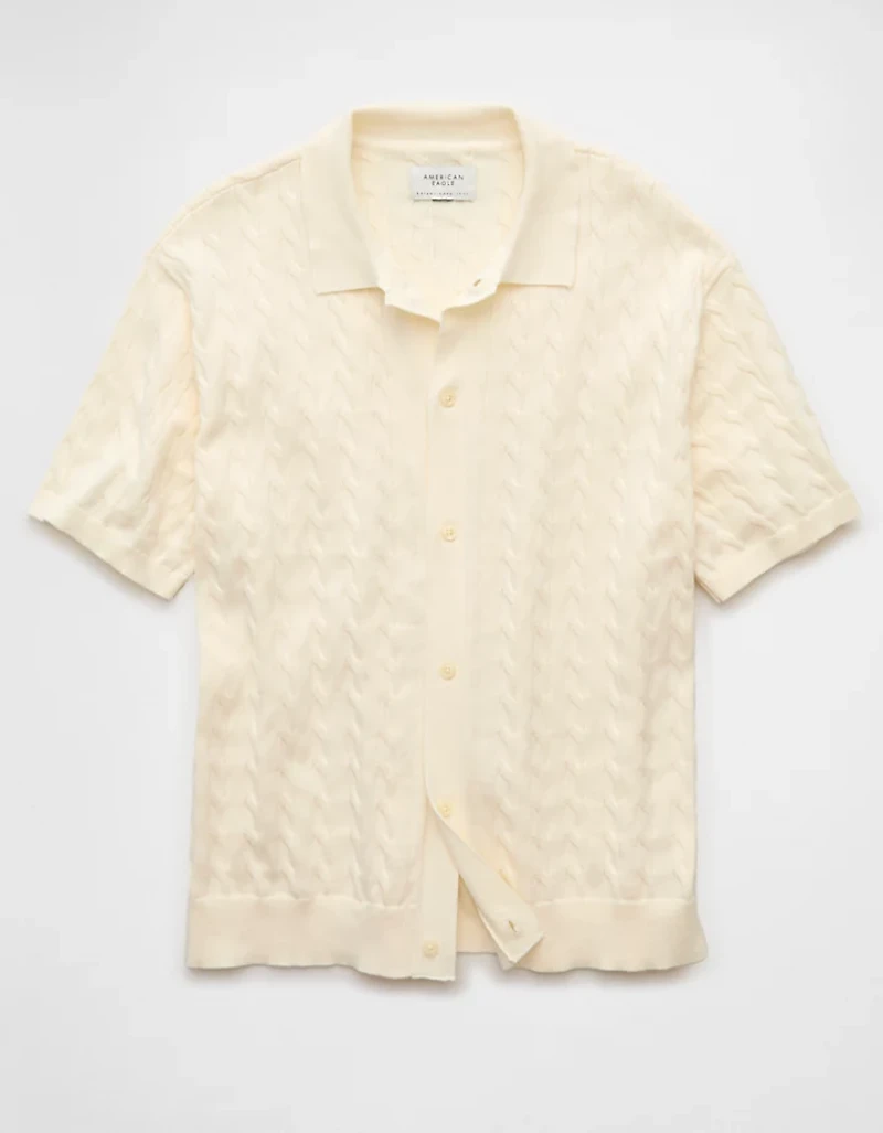 AE Weekend Cable Knit Button-Up Sweater Polo Shirt