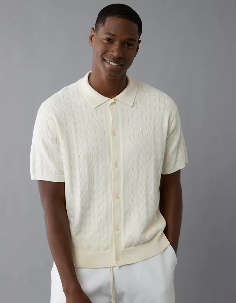 AE Weekend Cable Knit Button-Up Sweater Polo Shirt