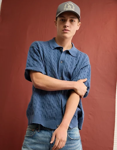 AE Weekend Cable Knit Button-Up Sweater Polo Shirt