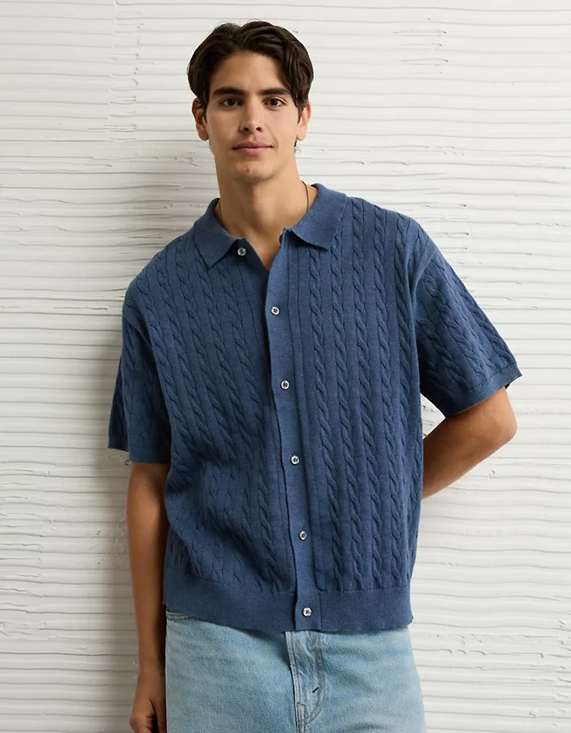 Chandail polo boutonné en tricot à torsades de fin semaine AE