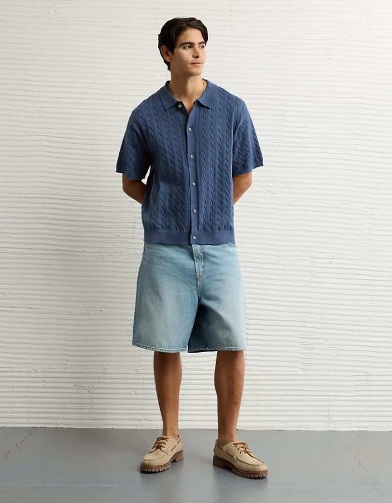 AE Weekend Cable Knit Button-Up Sweater Polo Shirt