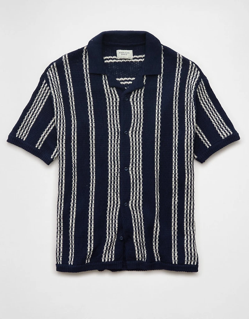 AE Weekend Striped Button-Up Sweater Polo Shirt