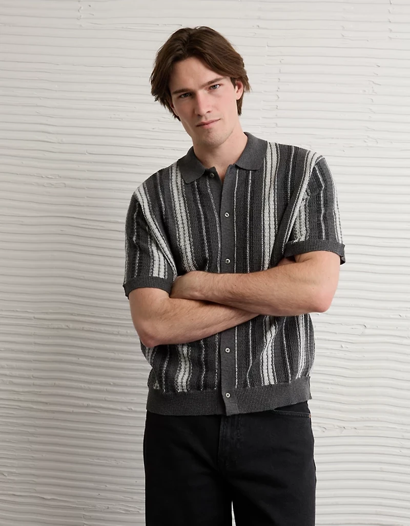 AE Striped Button-Up Sweater Polo