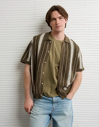 AE Striped Button-Up Sweater Polo