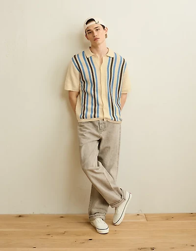 AE Striped Button-Up Sweater Polo