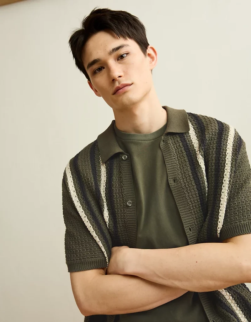 AE Striped Button-Up Sweater Polo
