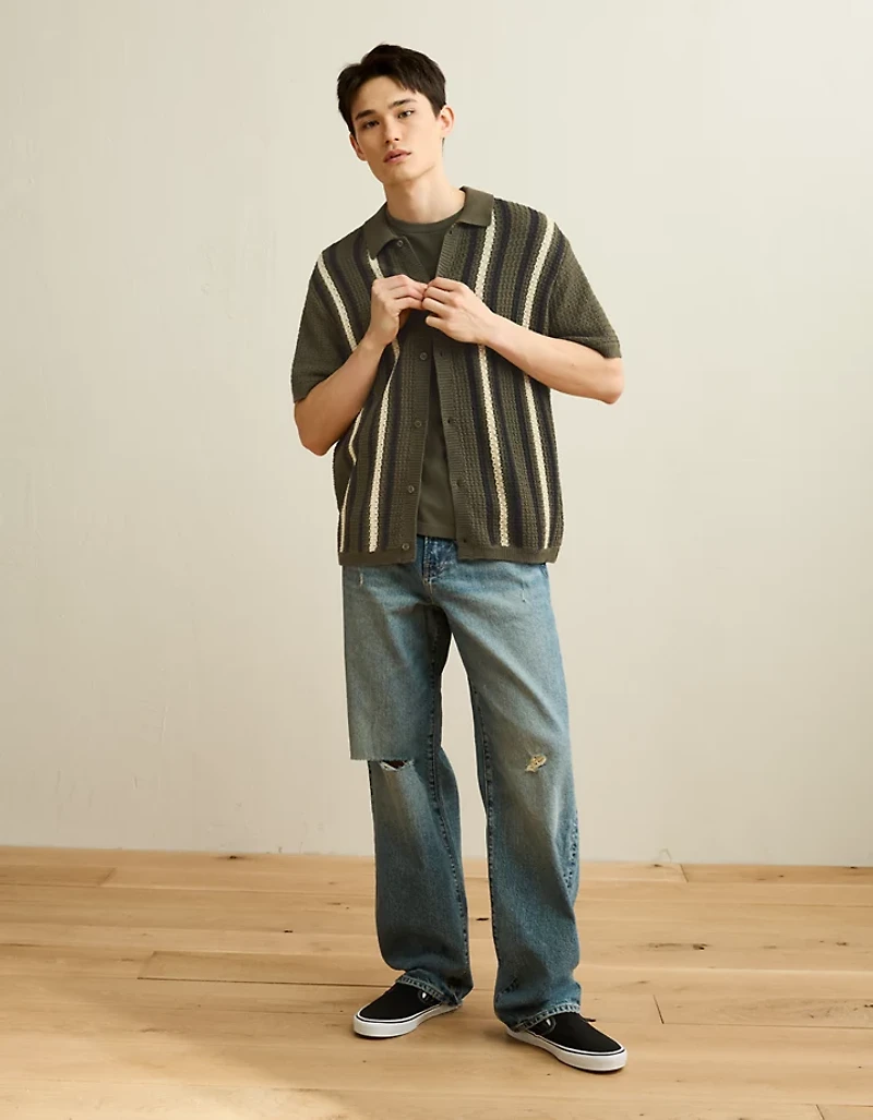 AE Striped Button-Up Sweater Polo