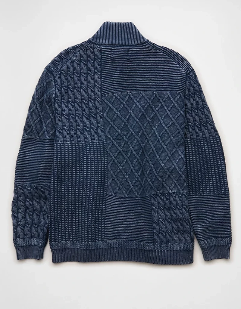 AE Button-Up Indigo Patchwork Sweater