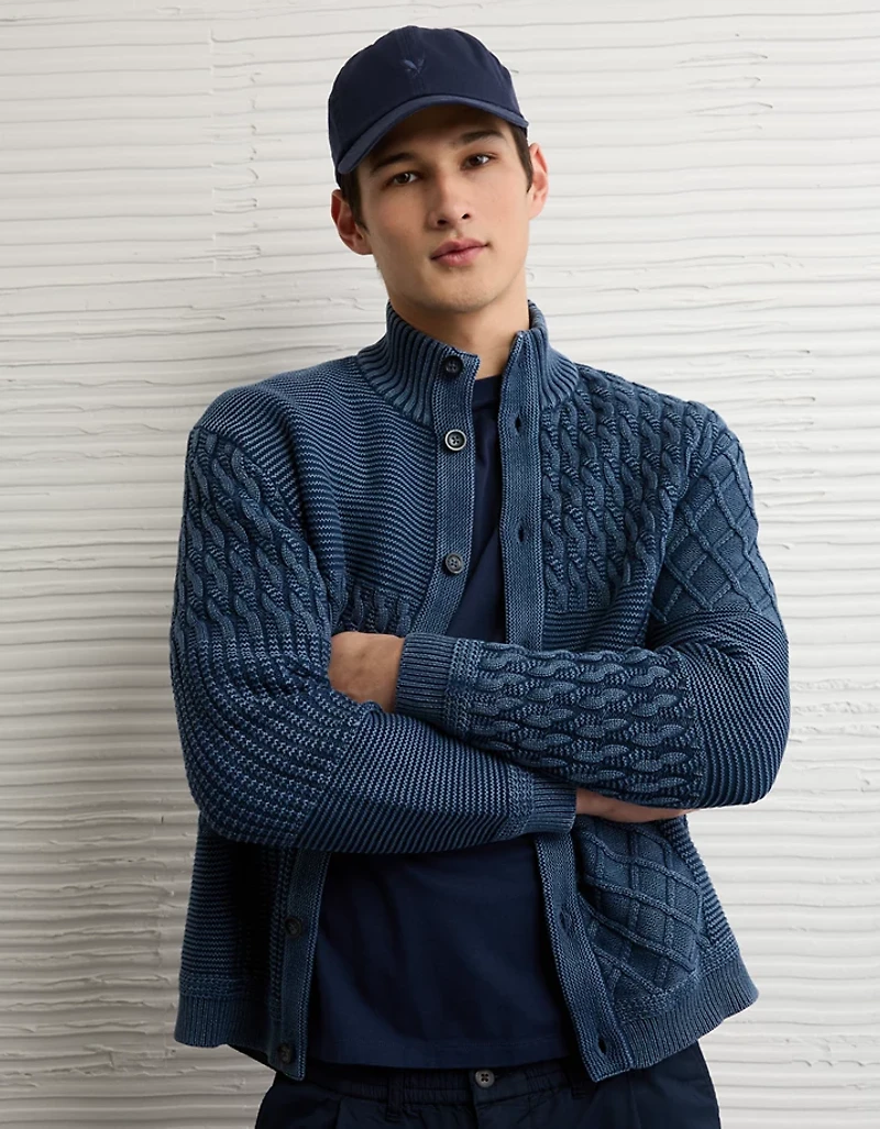 AE Button-Up Indigo Patchwork Sweater