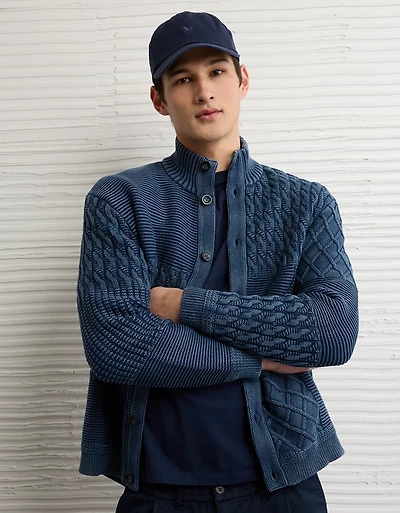 AE Button-Up Indigo Patchwork Sweater