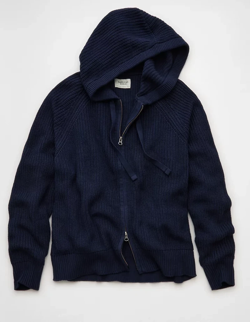 Chandail à capuchon piqué mailles perlées glissière AE