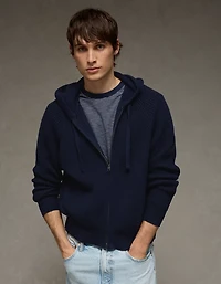 Chandail à capuchon piqué mailles perlées glissière AE