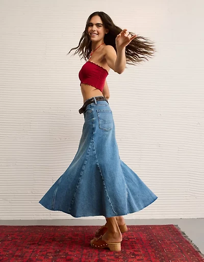 Jupe longue en denim à taille basse et construction pièces AE