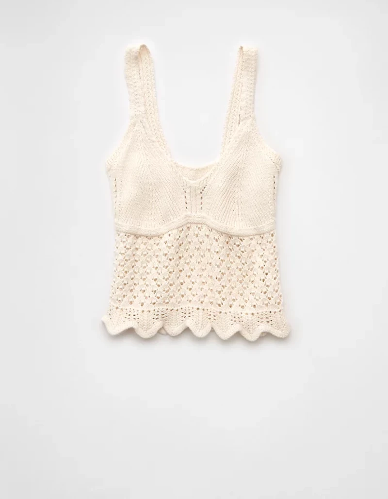 AE V-Neck Pointelle Scalloped Crochet Tank Top