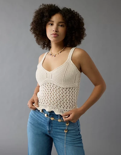 AE V-Neck Pointelle Scalloped Crochet Tank Top